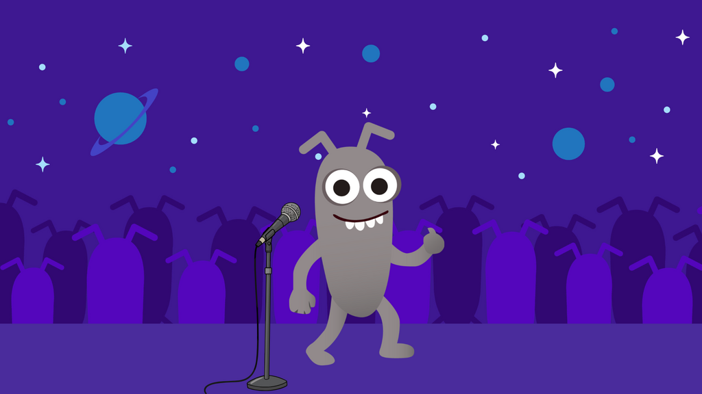 An illustration of Bug, a MoTaverse mascot, on stage, with a mic and a crowd behind them. image