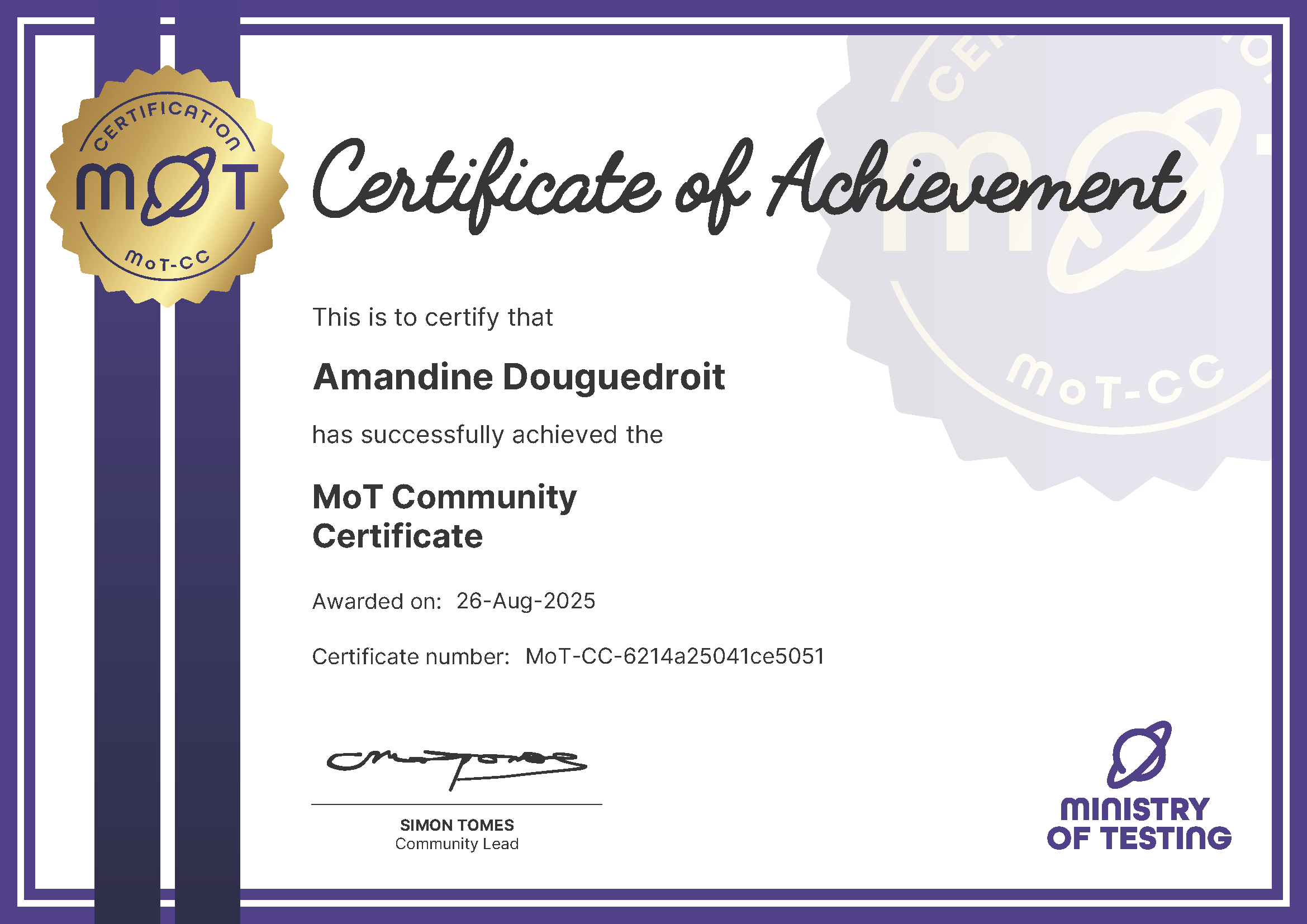 MoT Community Certificate certificate awarded to Amandine Douguedroit