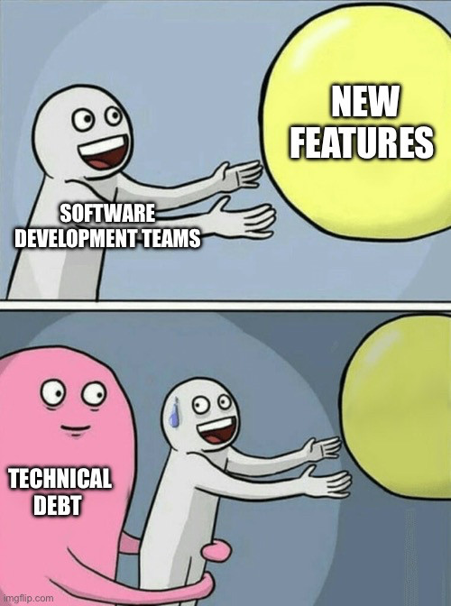 Meme about technical debt. holding teams back from adding new features