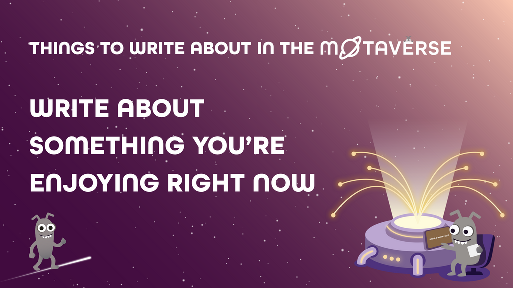 An instructional graphic set against a starry, purple space background. At the top, white text reads, "THINGS TO WRIT... image