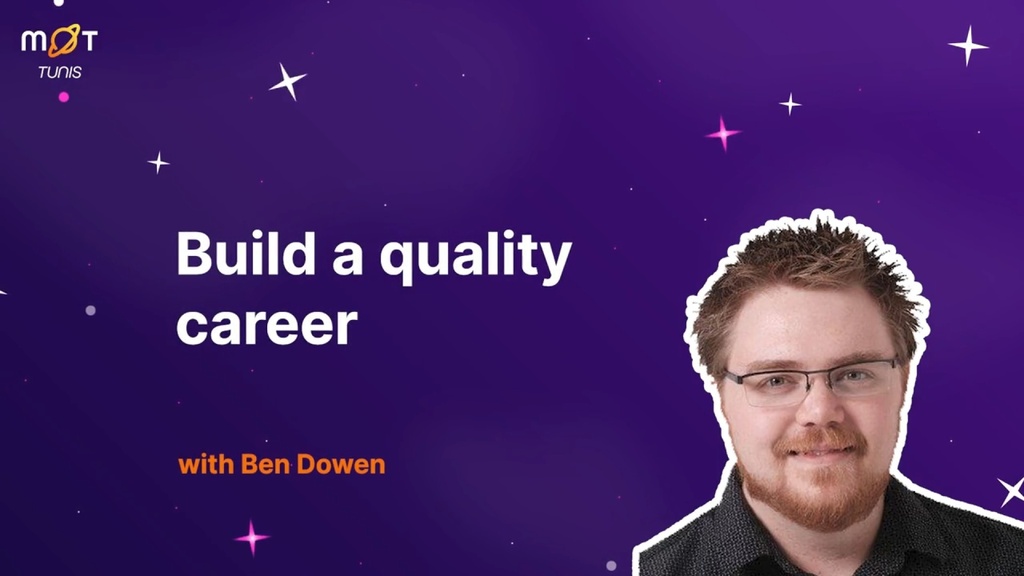 A graphic for an online talk titled "Build a quality career with Ben Dowen." A headshot of a smiling man with glasses and a beard is in the bottom right corner, and the background is a starry, purple night sky. The logo for "Mot Tunis" is in the top left corner.