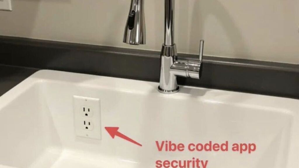 A meme showing a silver gooseneck kitchen faucet over a white basin sink. Shockingly, a standard North American elect... image