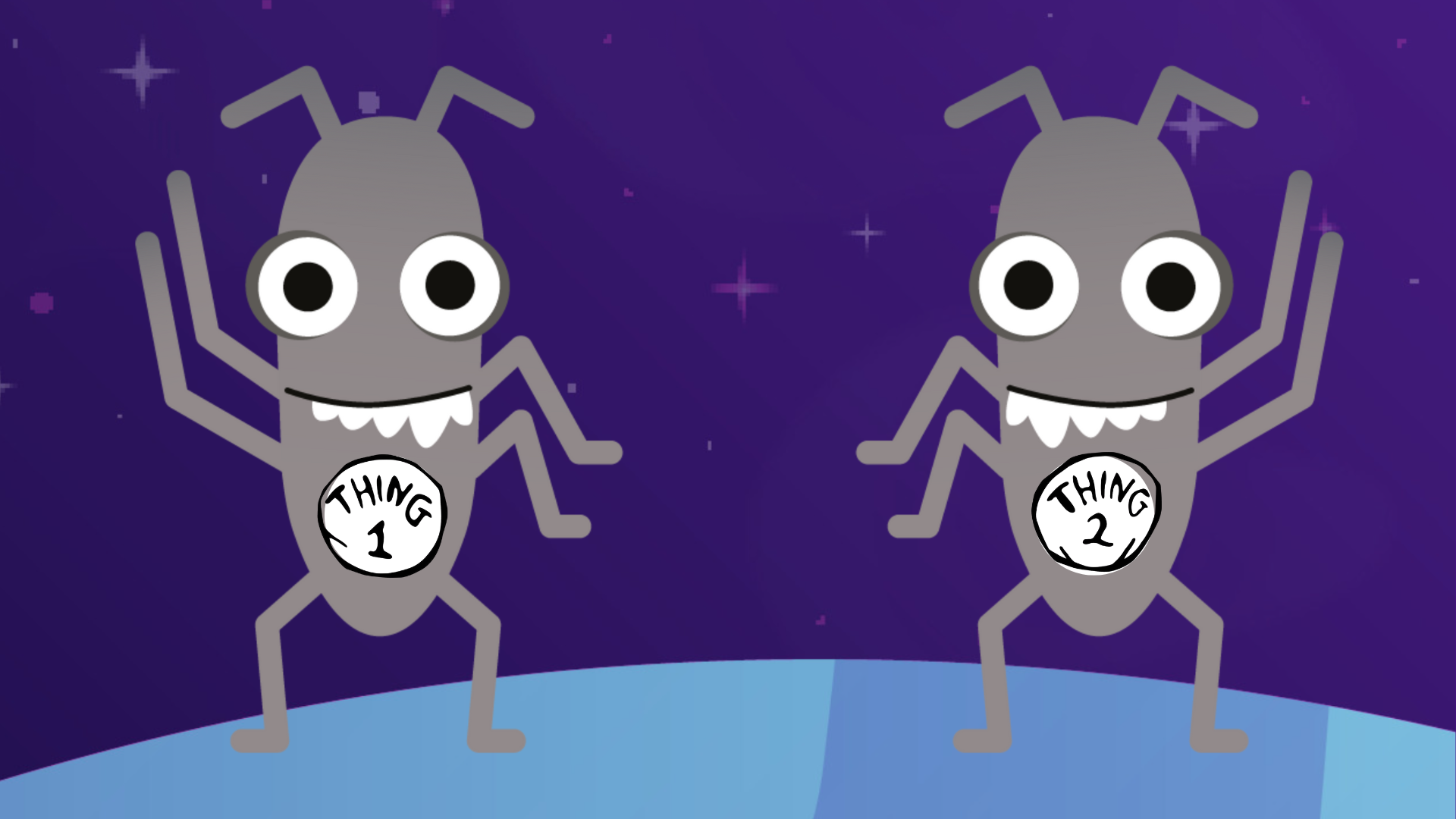 A digital illustration features two identical, stylised grey Bugs with round heads, large black and white eyes, jagged white mouths, two antennae, and four legs, standing on a light blue, curved surface. The insect on the left has a white circle on its abdomen with the text "THING 1" in black, and the insect on the right has a white circle with the text "THING 2" in black. The background is a dark purple night sky dotted with white stars and sparkles.