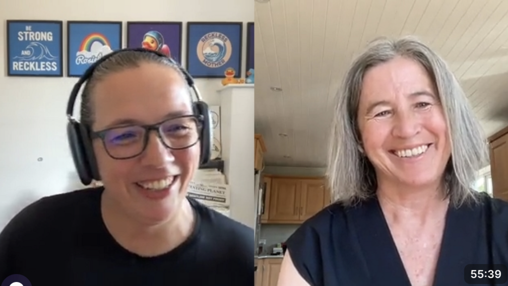 A screenshot of Rosie and Anne-Marie smiling during a podcast recording.