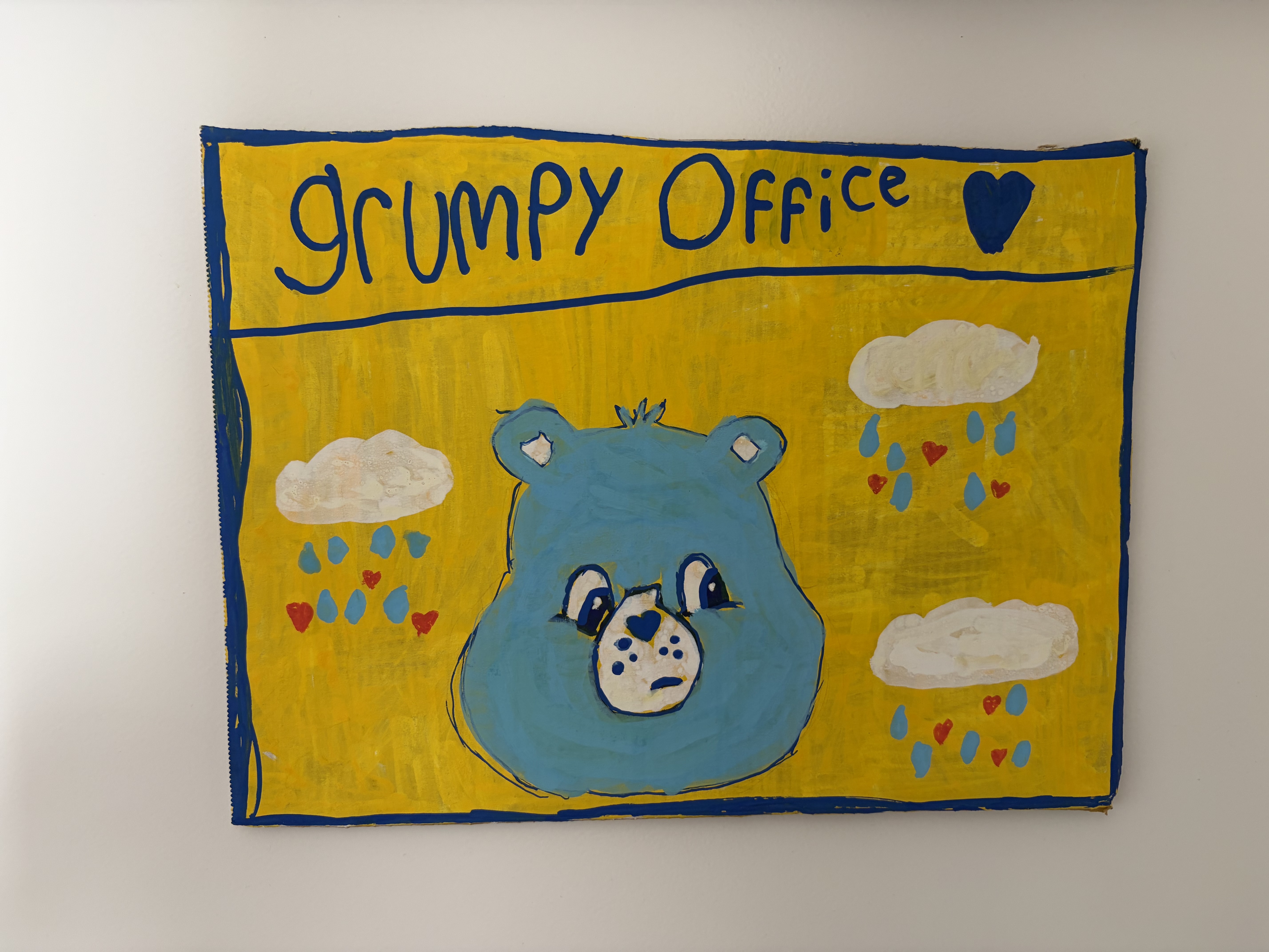 "Grumpy office", Grump Care bear with clouds and a yellow background sign. image