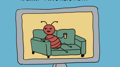 A computer, and through it's screen we see a bug on a sofa, comfy with a drink in it's hand. 
Above text reads: 
I asked the bug what it was doing there. 
It said "I live here now".  image