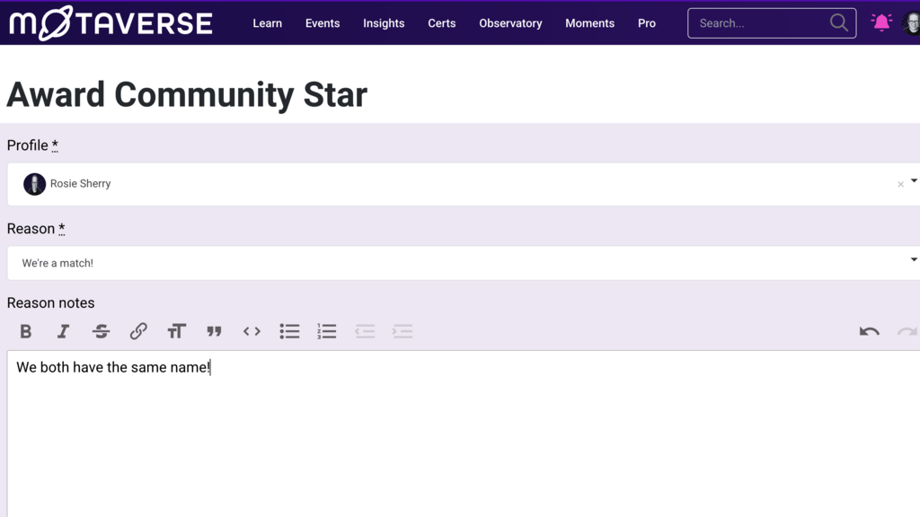 "We're a match", as a community star. image