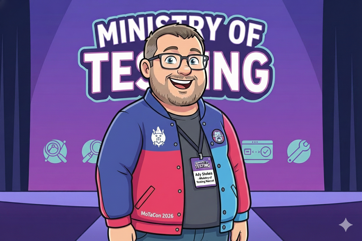 Cartoon of Ady Stokes on the MoTaCon stage with a red, blue and purple jacket and MOT badge. He is a white older male... image