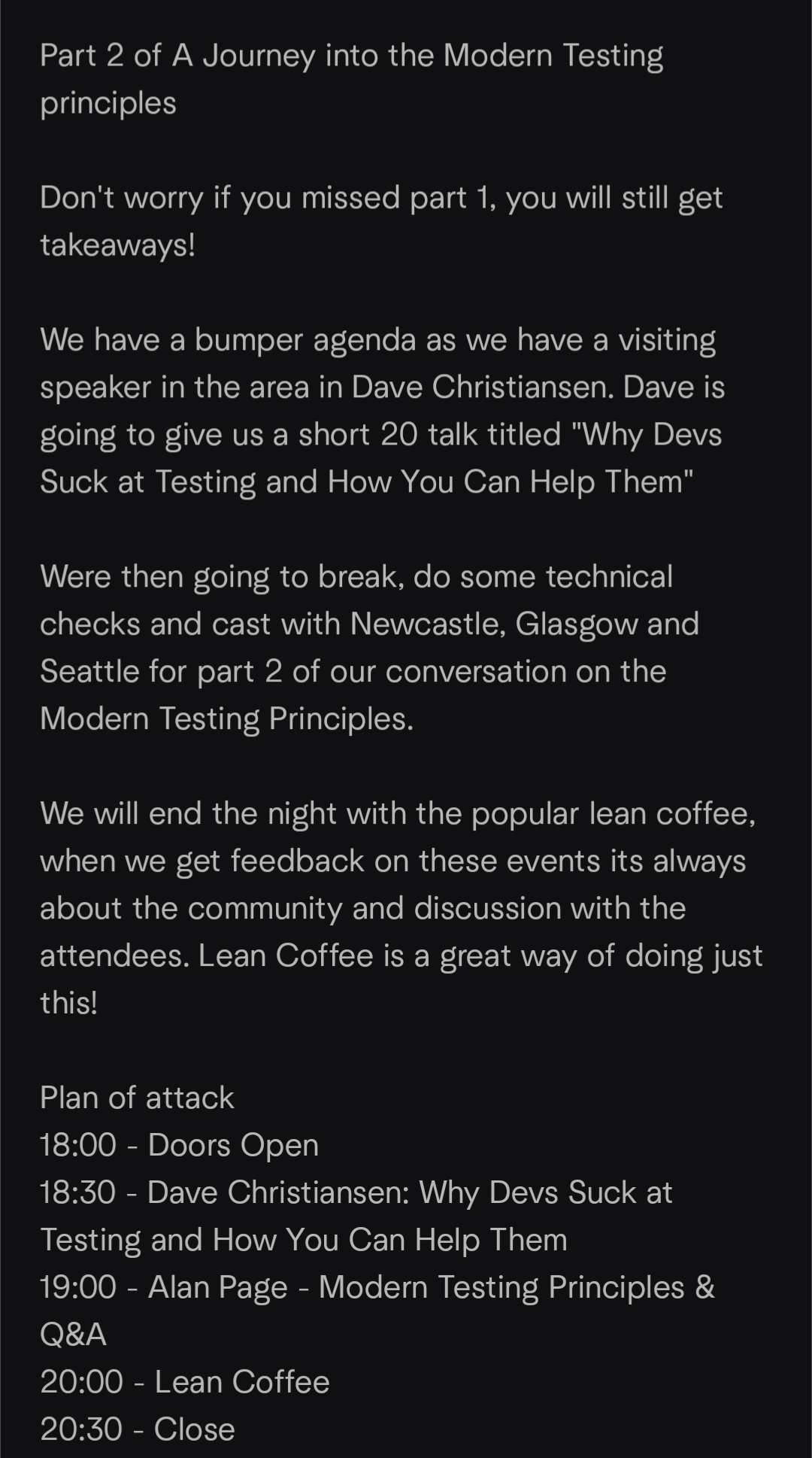 A screenshot of a meetup event for May 2019. The schedule includes talks by Dave Christiansen and Alan Page.