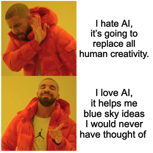 A man in an orange coat shields his eyes from the comment: I hate AI, it's going to replace all human creativity. The... image