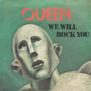 Queen's album cover for " We Will Rock You," showing a human-looking large robot, head and shoulders image