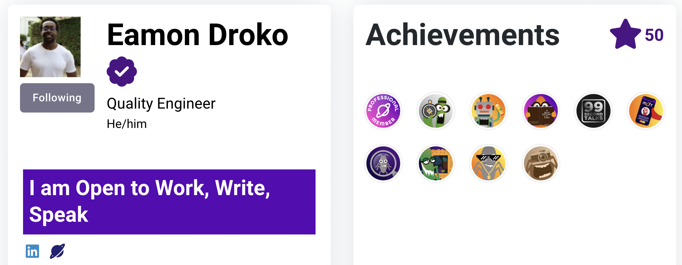 A screenshot of Eamon Droko's profile, showing his many badges and community stars