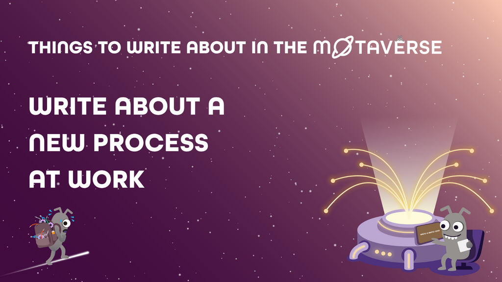 An instructional graphic set against a starry, purple space background. At the top, white text reads, "THINGS TO WRIT... image