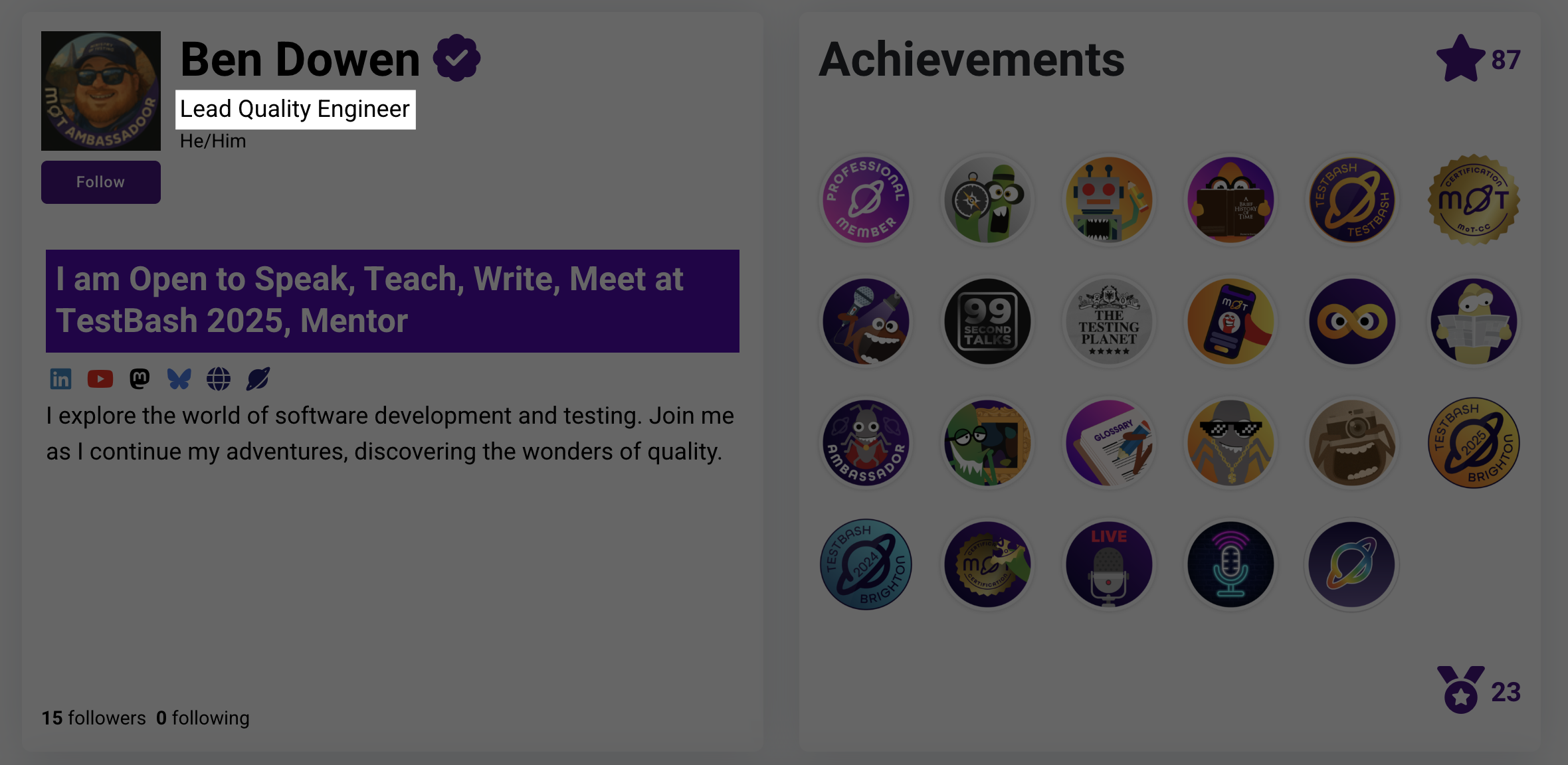 Ben Dowen's MoT Profile screenshot with his job title as a Lead Quality Engineer.