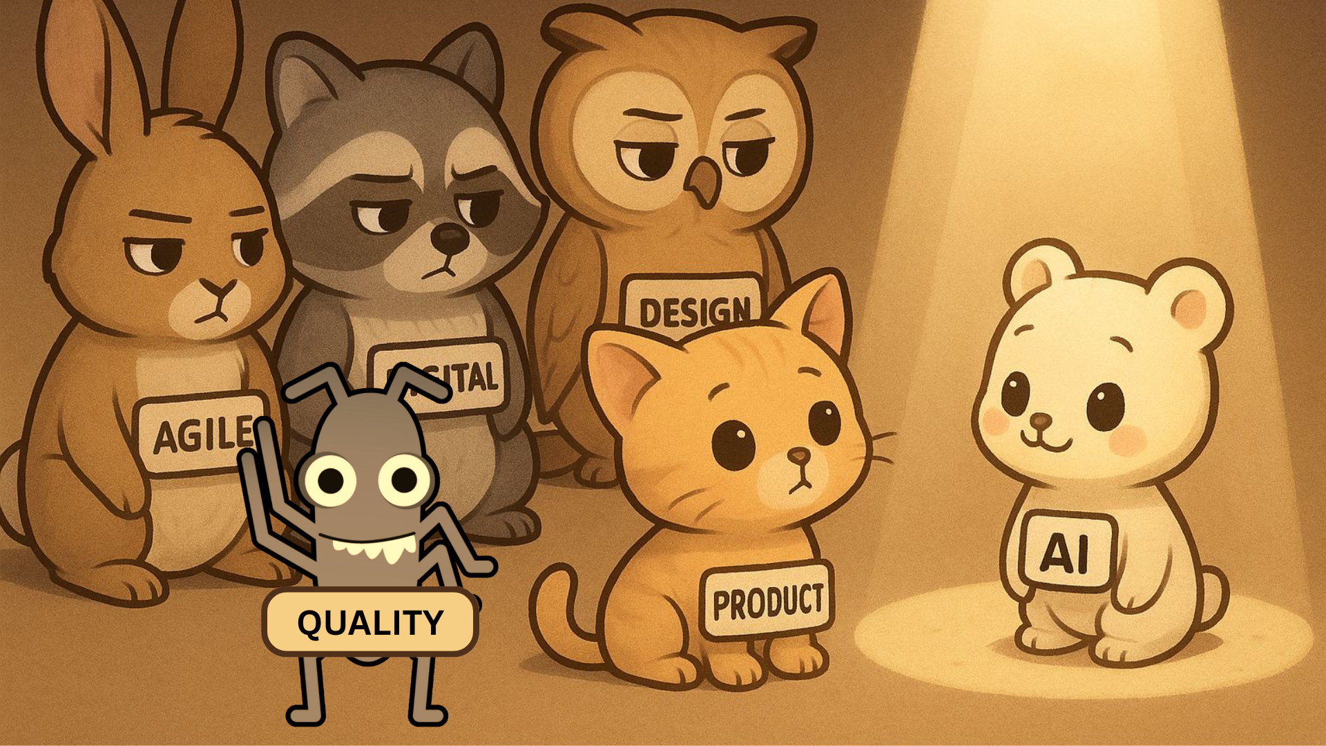 An ai generated image show animated characters as a tech product team. Represented is agile, digital, design, product, AI and now Quality!