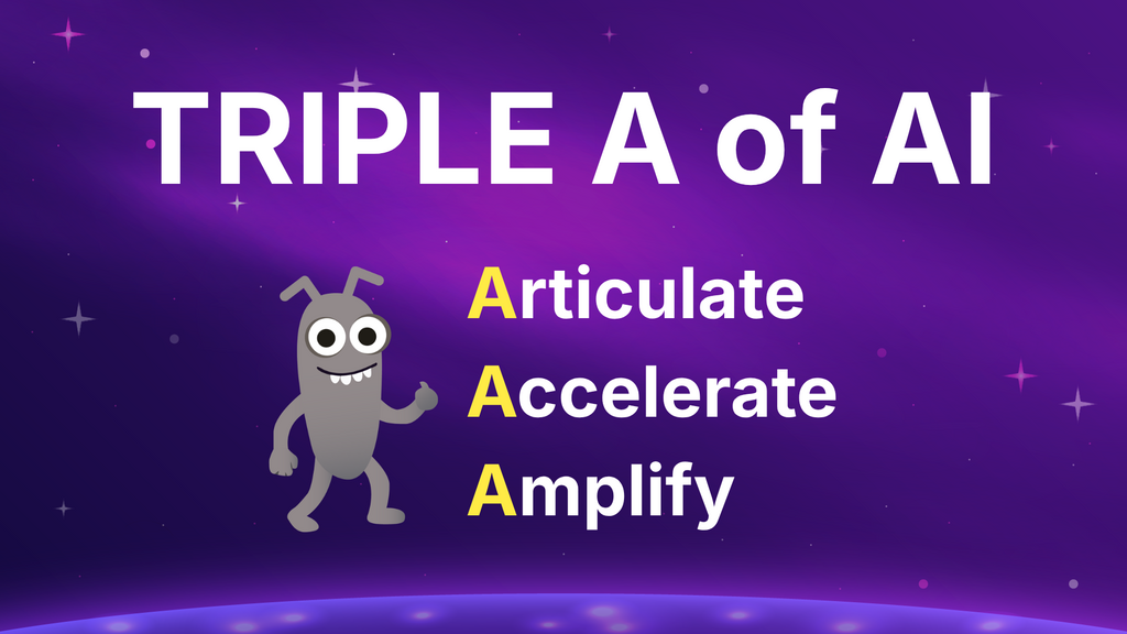A purple starry background displaying the text "TRIPLE A of AI" at the top. Below, a friendly grey cartoon bug called... image
