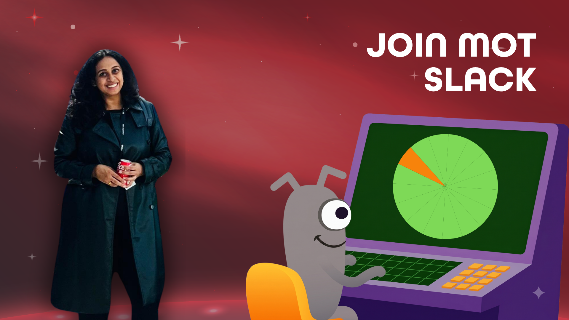 A promotional banner against a starry red background features a woman in a dark trench coat holding a red can on the ... image