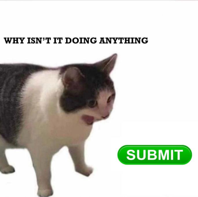 A cat screaming at a green submit button. Text: Why isn't it doing anything.