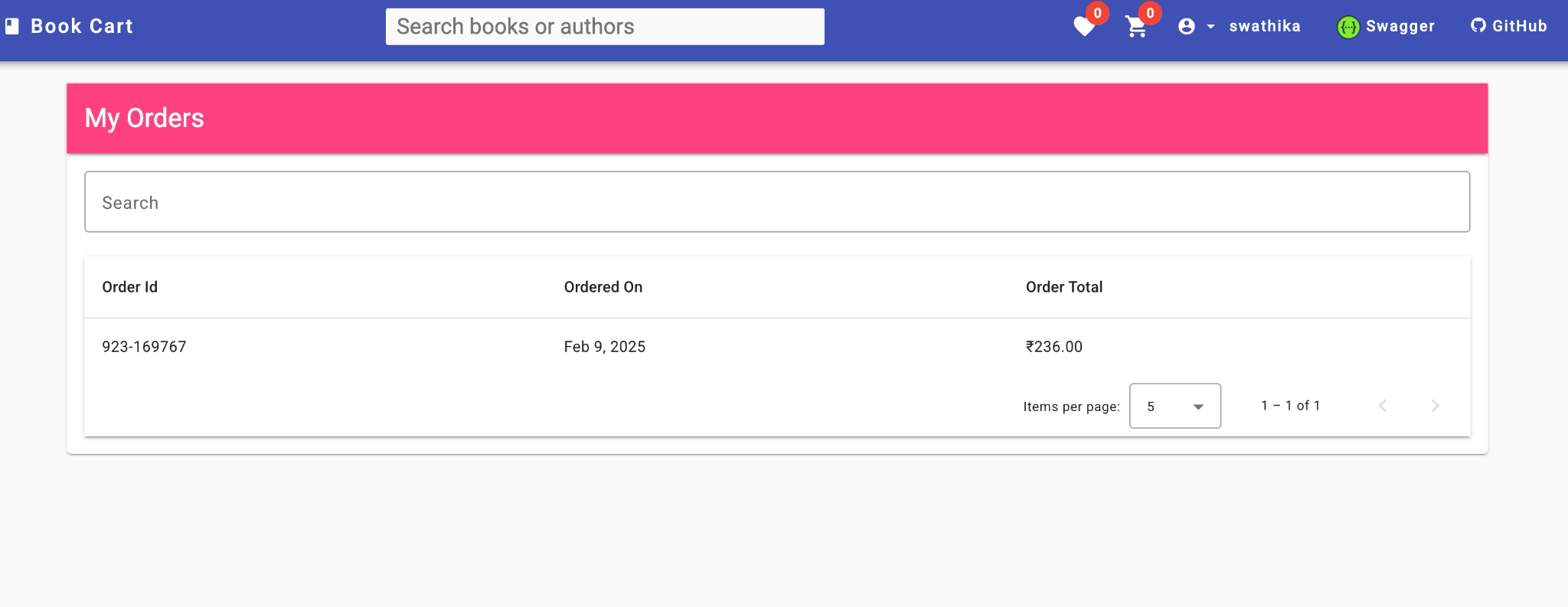 My Orders page displaying one past order with order ID, order date, and order total.