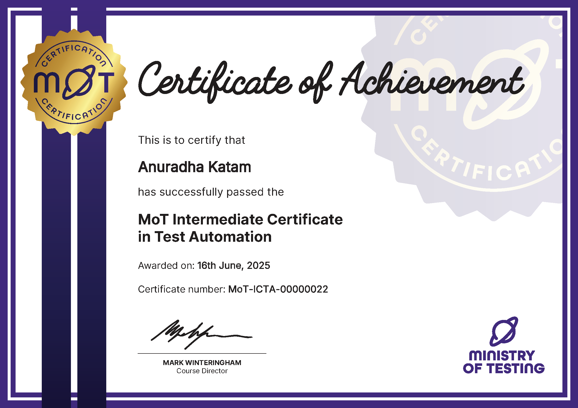MoT Intermediate Certificate in Test Automation certificate awarded to Anuradha Katam