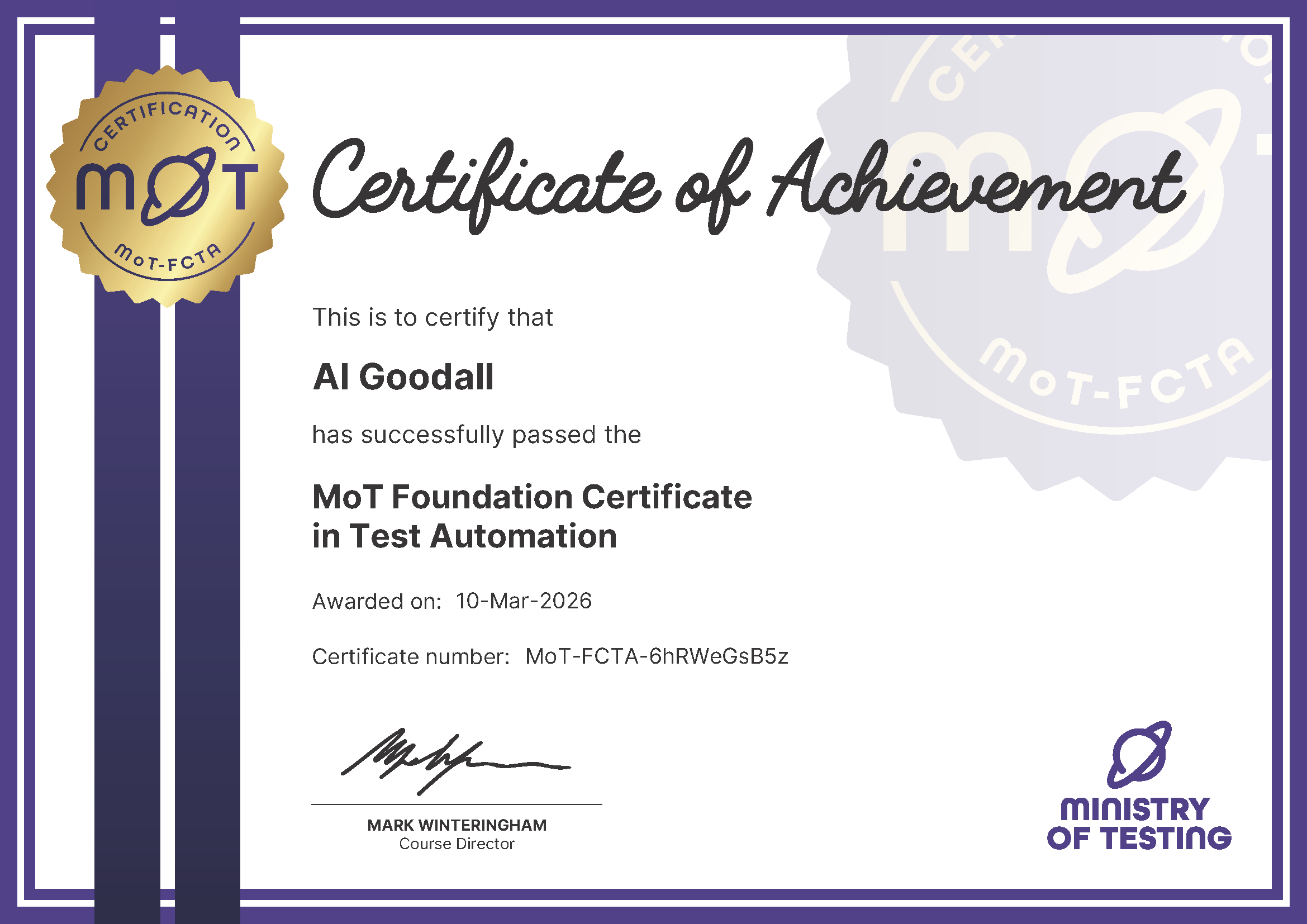 MoT Foundation Certificate in Test Automation certificate awarded to Al Goodall image