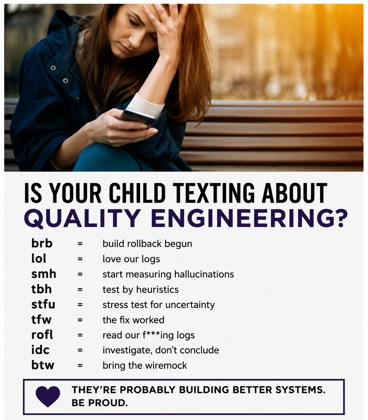 A meme styled like the classic “Is your child texting about…” internet posts. At the top, a worried young woman sits ... image