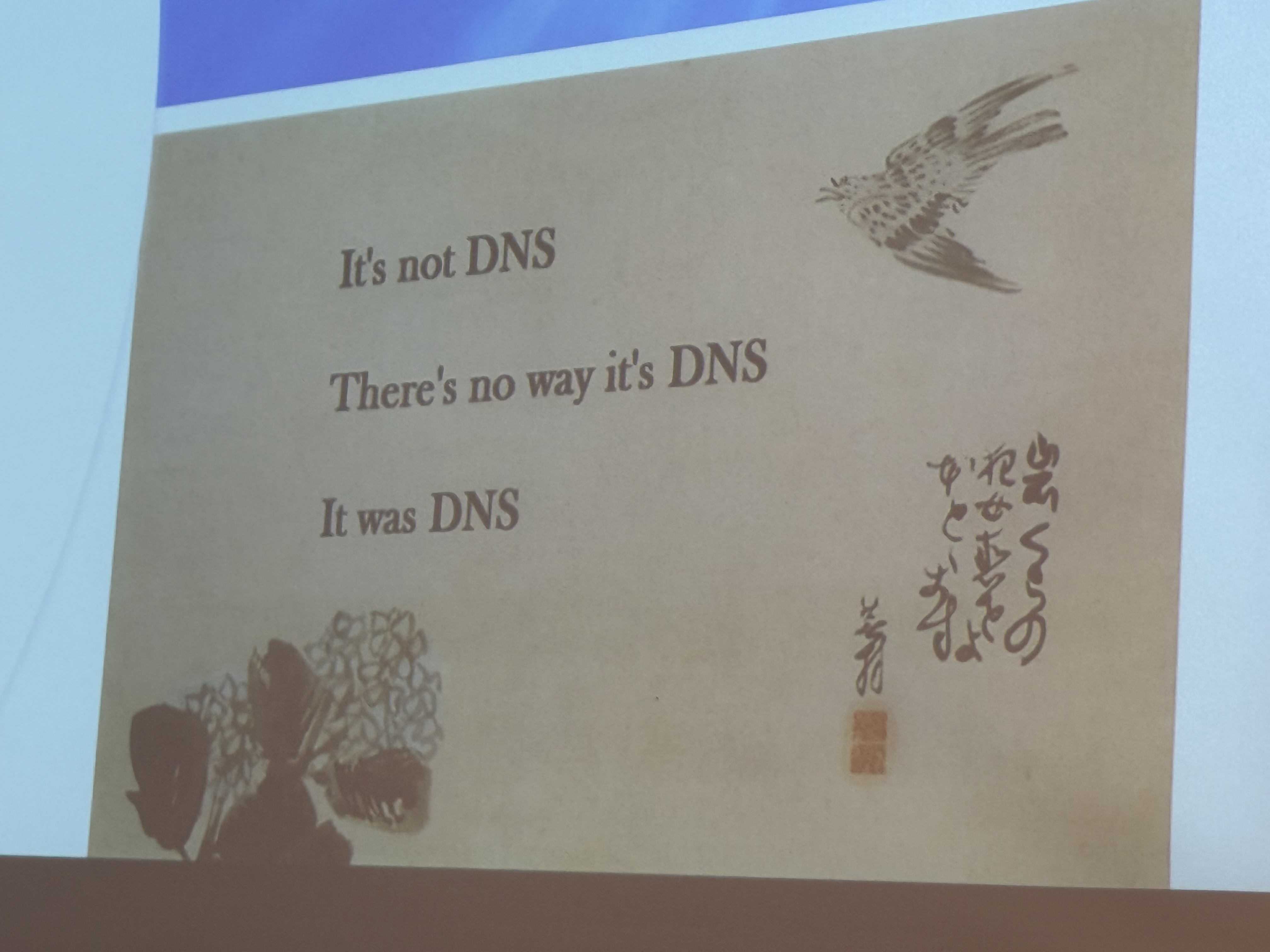 Slide saying, it’s not DNS. There’s no way it’s DNS. It was DNS.  image