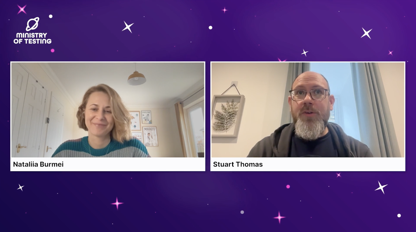 A screenshot of a Ministry of Testing video call featuring Nataliia Burmei and Stuart Thomas in side-by-side frames. The background is purple with a space-themed star pattern and the organization's logo in the top left corner.