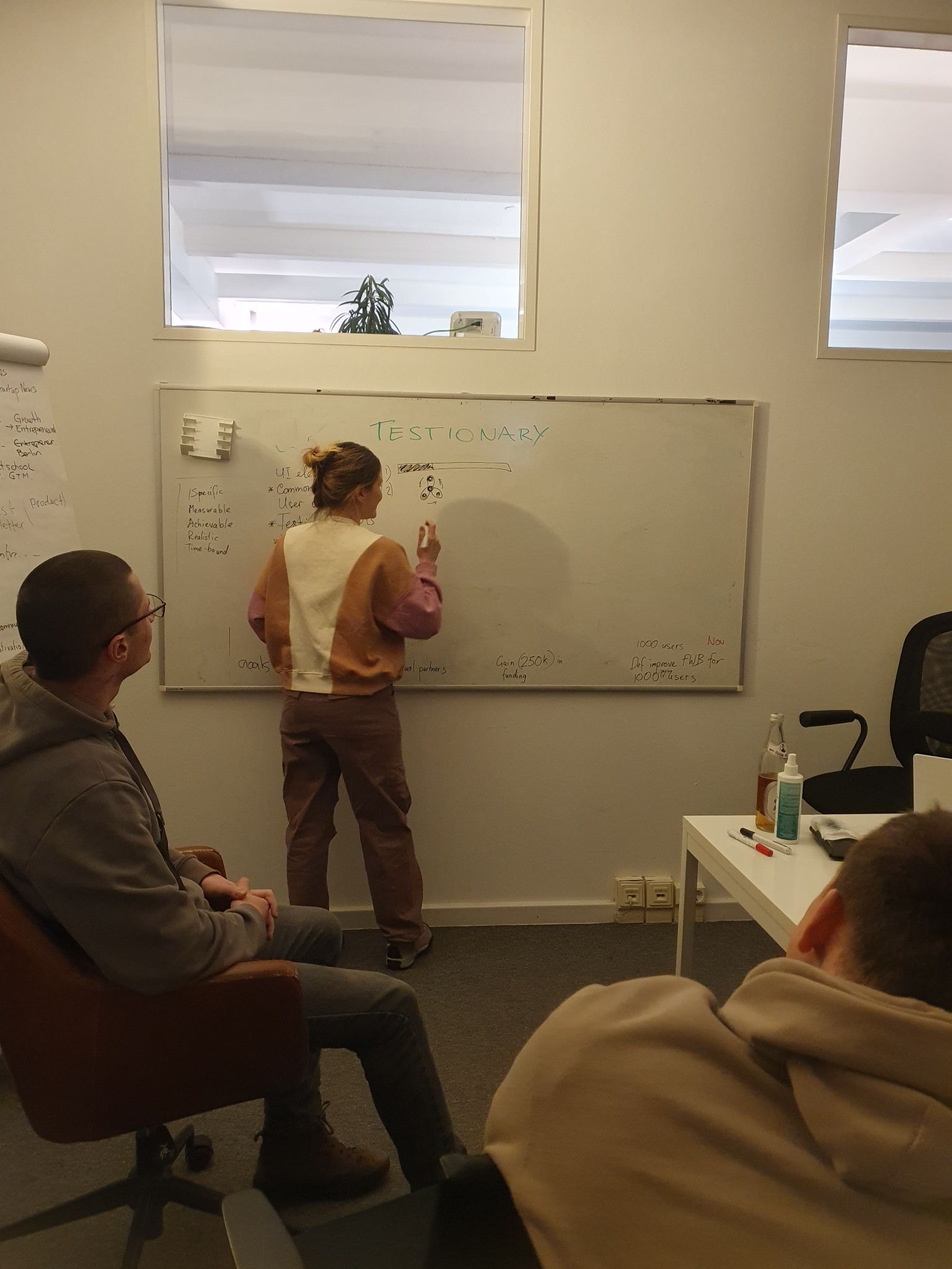 A meetup attendee draws on a whiteboard labeled TESTIONARY while other participants watch from their seats during a Ministry of Testing Berlin session.