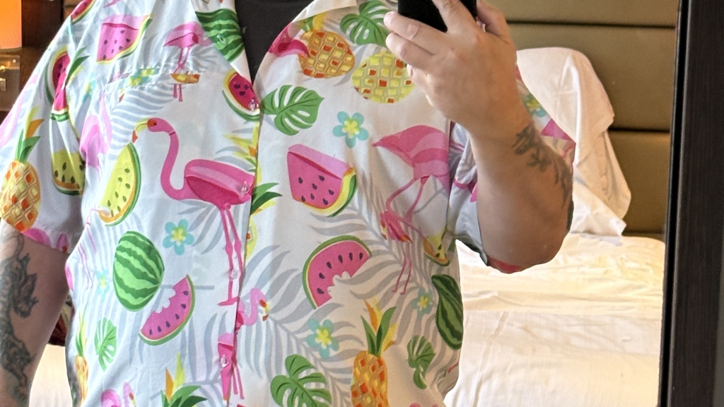 Selfie of me, a white 60 year old man with short greying hair and beared in jeans and a shirt with pink flamingos mel... image