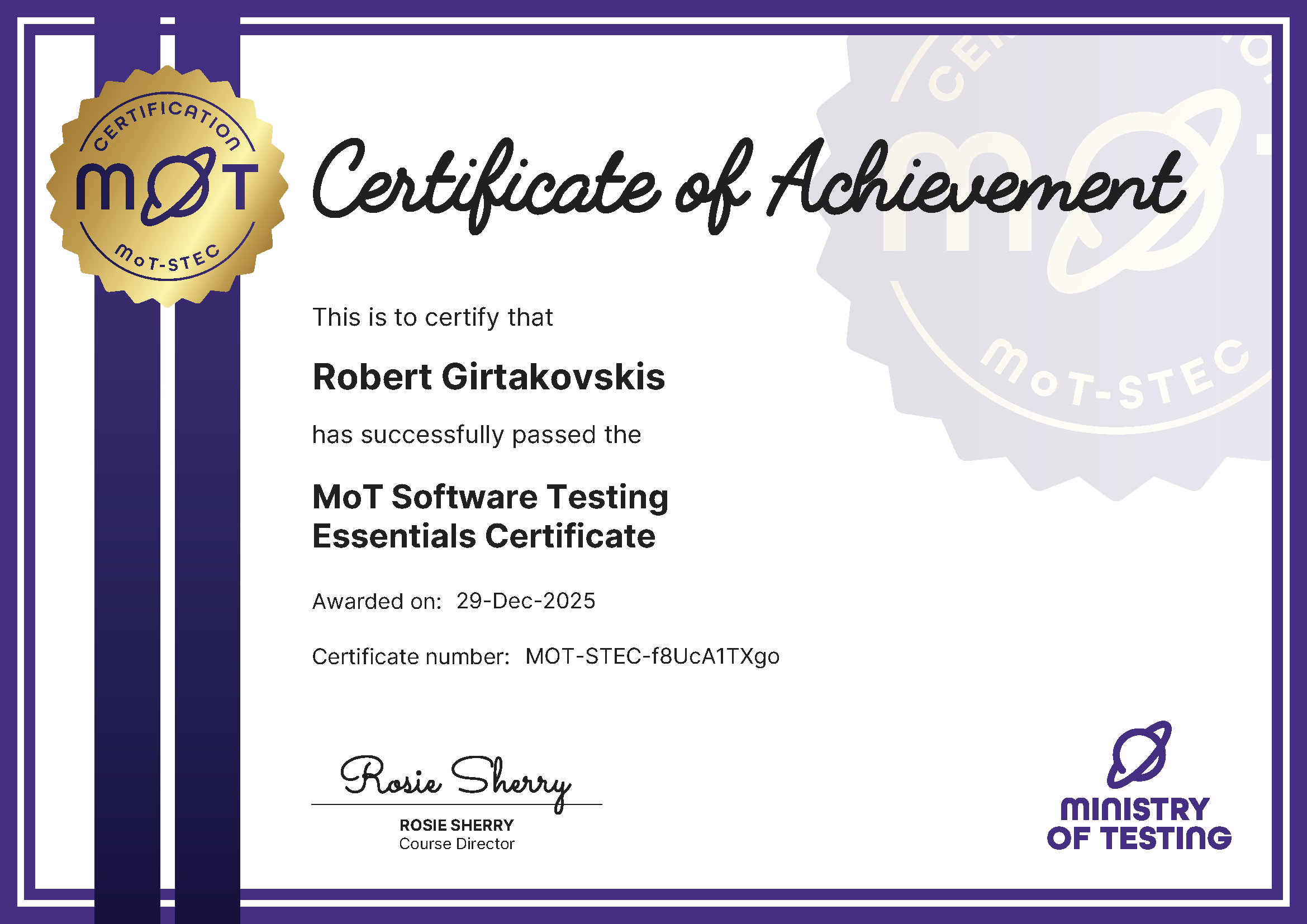 MoT Software Testing Essentials Certificate certificate awarded to RobertGirtakovskis image