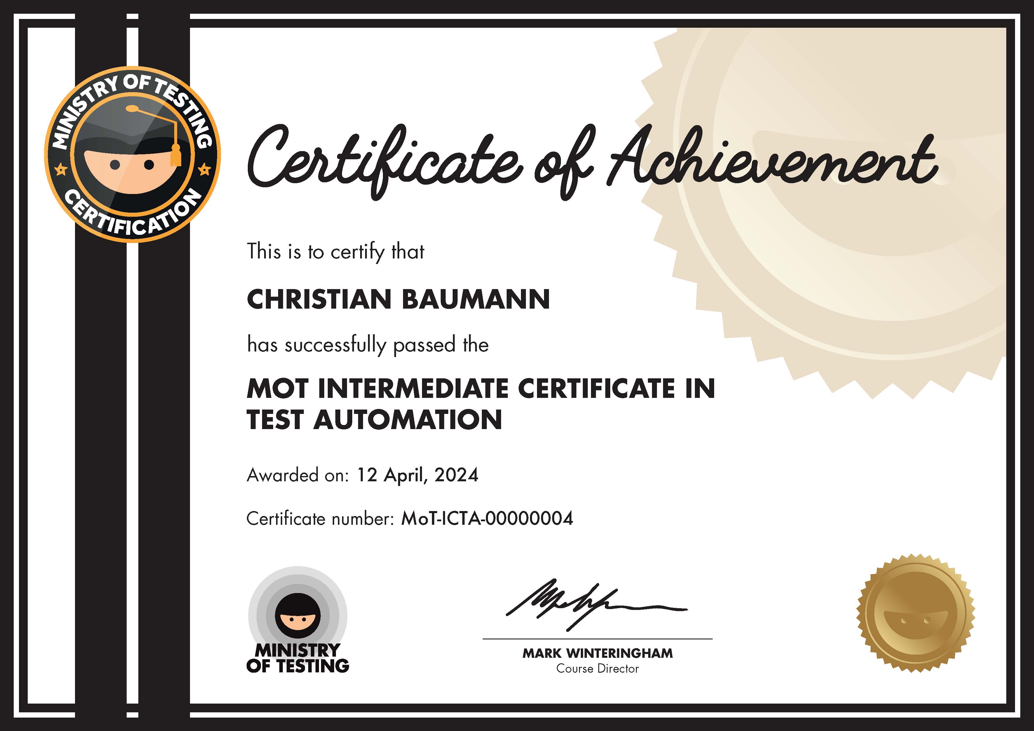 MoT Intermediate Certificate in Test Automation certificate awarded to Christian Baumann