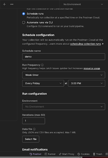 Advanced settings for scheduling a run in Postman including configuration items such as name and frequency.