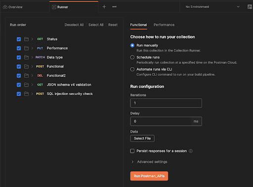 Test runner window with configuration set to run the collection