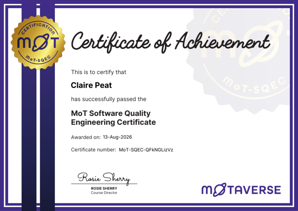 MoT Software Quality Engineering Certificate image