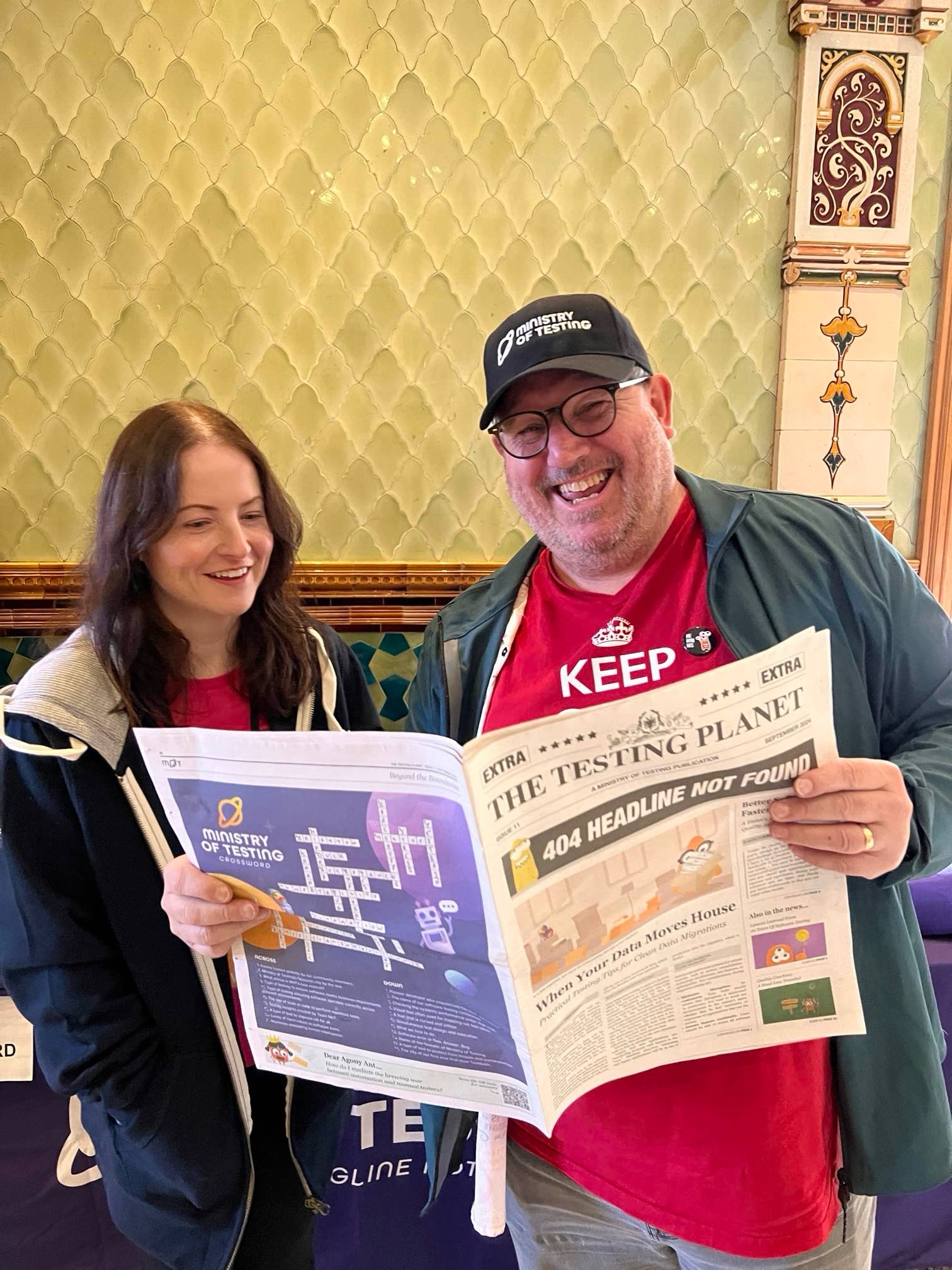 Sarah and I looking at the testing planet newspaper 
