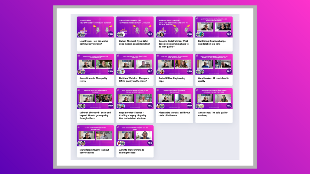 A grid of twelve thumbnail images and titles for a series of professional development videos or articles, primarily focused on quality assurance and software quality topics, against a purple and magenta gradient background. Each thumbnail features one or more speakers with a title like "How can we be continuously curious?" or "Engineering hope."