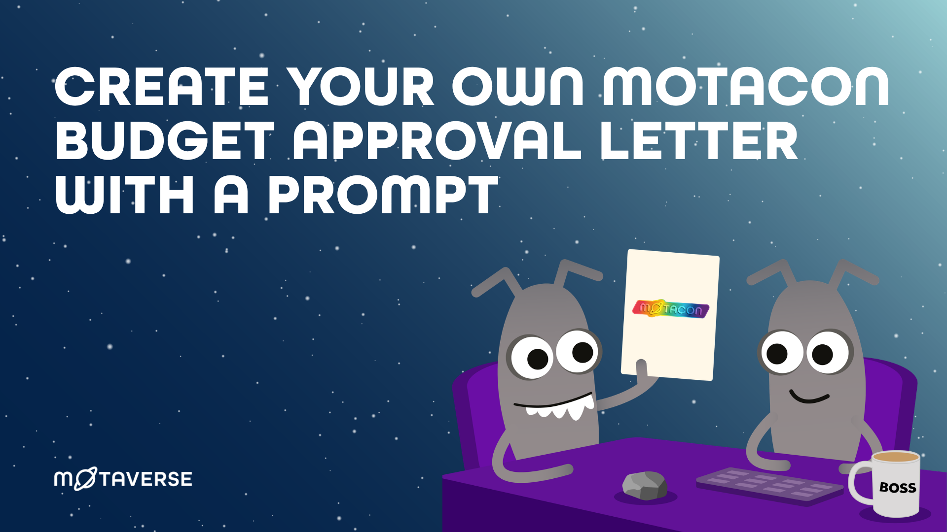 Digital illustration with a starry blue background featuring two gray, pill-shaped cartoon characters at a purple des... image