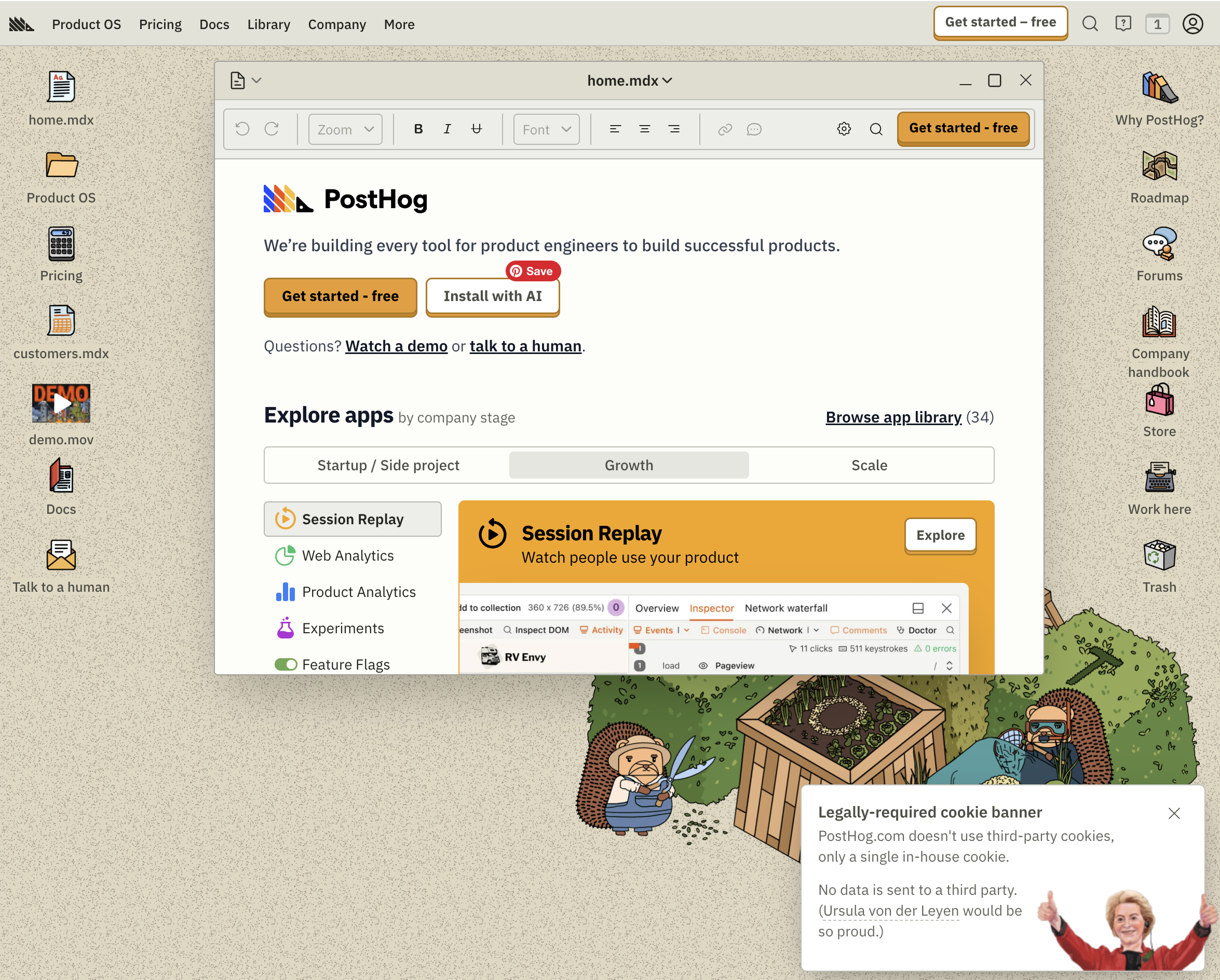 A screenshot of the Posthog website that is designed like a desktop operating system.