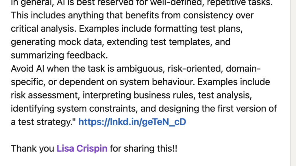 Screenshot of Saul's post on LinkedIn where he quotes from Konstantinos' article and recommends it, with the link.  image