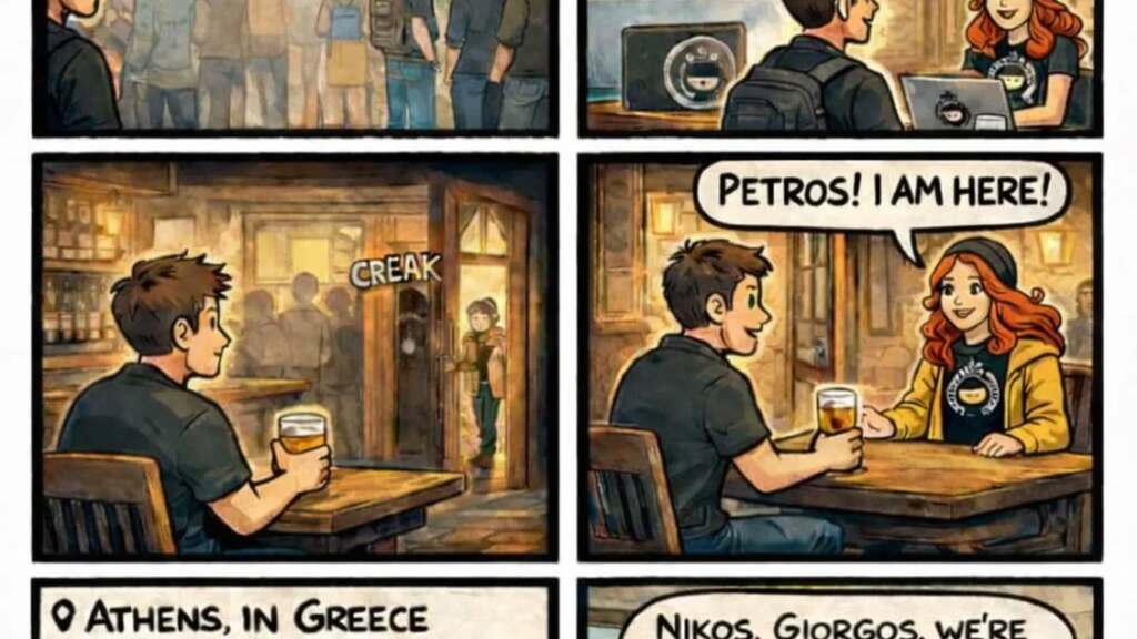 A short comic telling the story of how MoT Athens began, featuring the main members of the Athens lead team. image