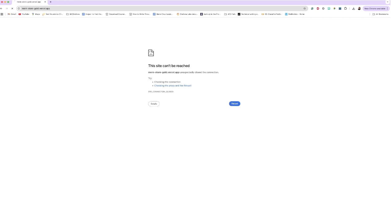 Chrome browser showing an error page that reads ‘This site can’t be reached’ for the URL mern-store-gold.vercel.app. The message says the connection was unexpectedly closed (ERR_CONNECTION_CLOSED) with options to check the connection or proxy settings. This occurred live during Marie Cruz’s demo in Module 18, Lesson 4 of the MoT Software Testing Essentials Certificate, when a k6 Studio load test crashed the demo e-commerce site.