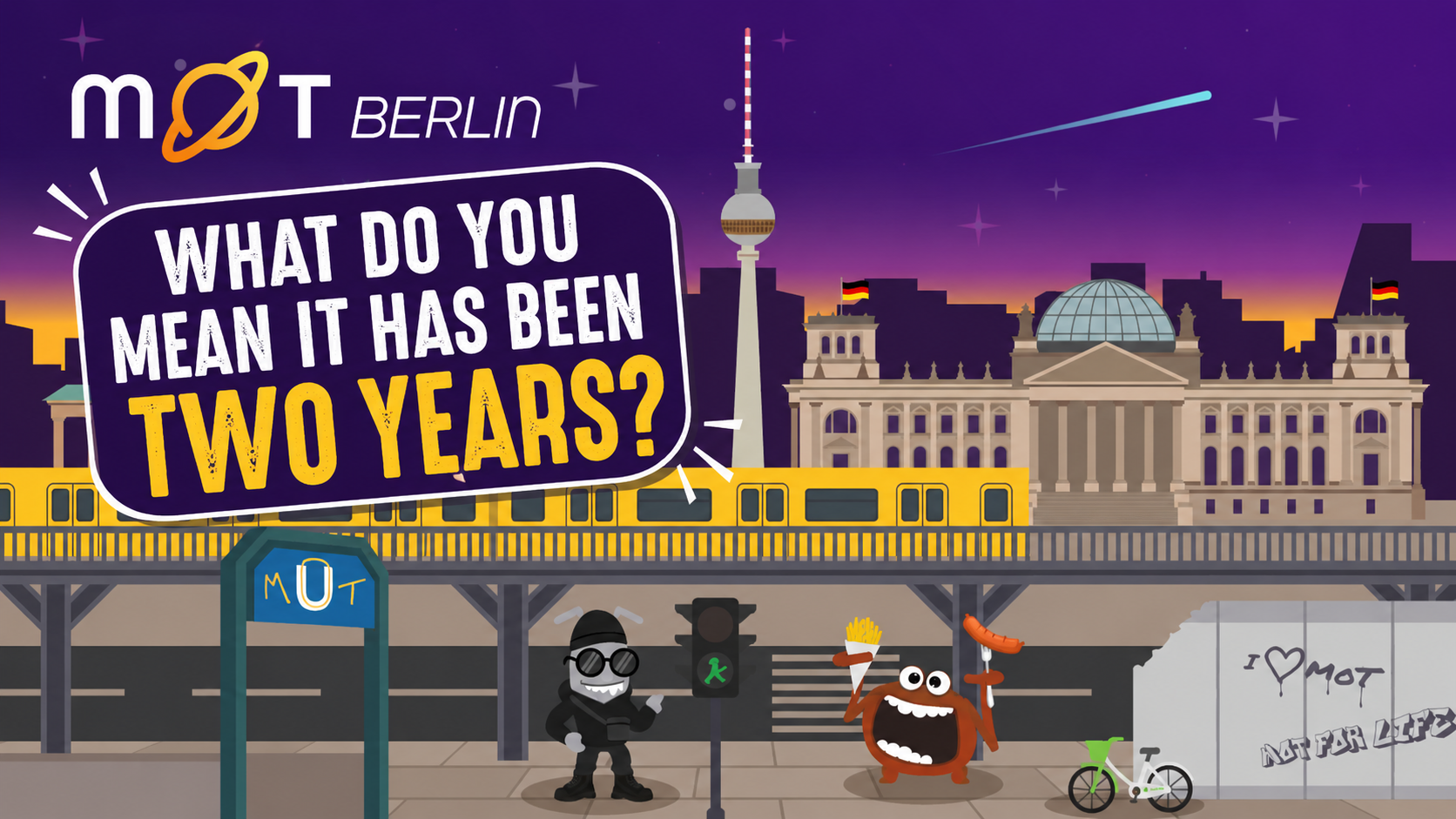 Illustrated night skyline of Berlin featuring the Brandenburg Gate, TV Tower, and Reichstag building, with a yellow U... image