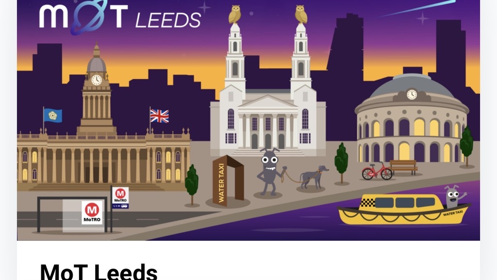 Chapter artwork showing the canal with water taxi sign. Leeds civic hall. The exchange building. Some iconic building... image