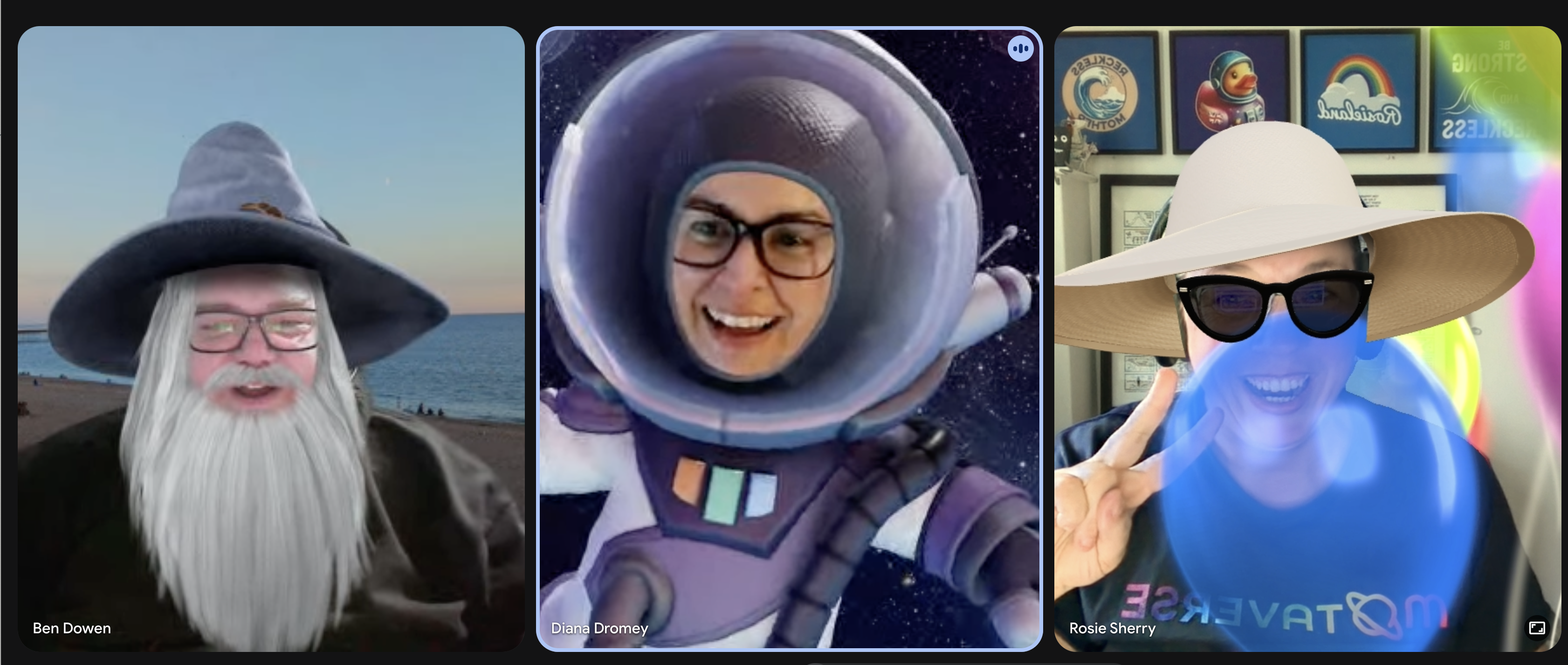 Ben Dowen has a wizard filter, Diana is an astronaut, Rosie has sunglasses a large white sun hat, surrounded by balloons.