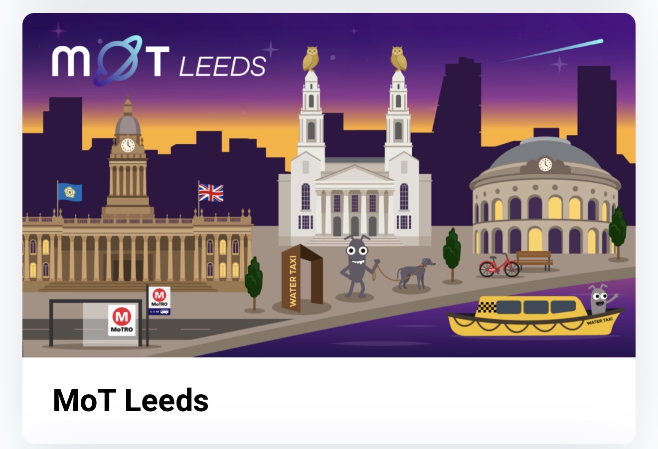 Chapter artwork showing the canal with water taxi sign. Leeds civic hall. The exchange building. Some iconic building... image