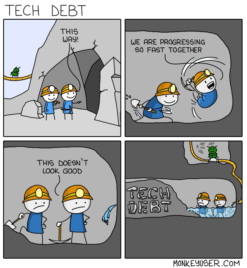 A four-panel comic illustrating the concept of technical debt. In the first panel, two stick figures dressed as miners, wearing helmets and holding tools, excitedly say 'This way!' as they enter a cave. A bug watches from a distance. In the second panel, the miners dig enthusiastically, one saying 'We are progressing so fast together!' while the other deposits the dug out material behind them. The third panel shows the miners standing still with worried expressions, looking at water leaking into the cave, one says 'This doesn’t look good.' In the final panel, they are waist-deep in water, looking distressed as they stand next to the pile of material they dug out with the words 'Tech Debt' carved into it. A bug sits on a ledge above, controlling a valve that’s causing the flood.