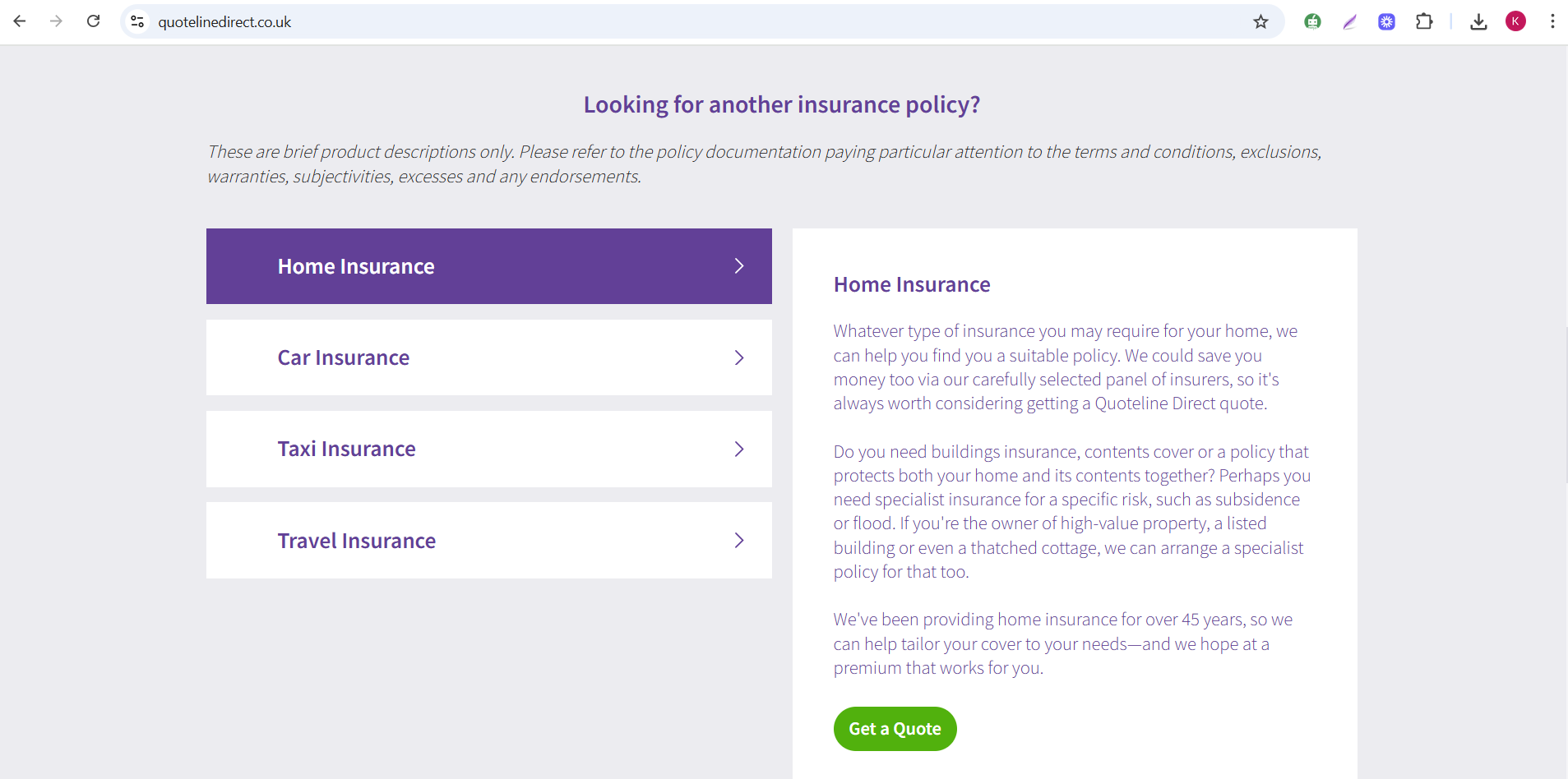 The accordion section showing four sections from the home page of quoteline direct website.