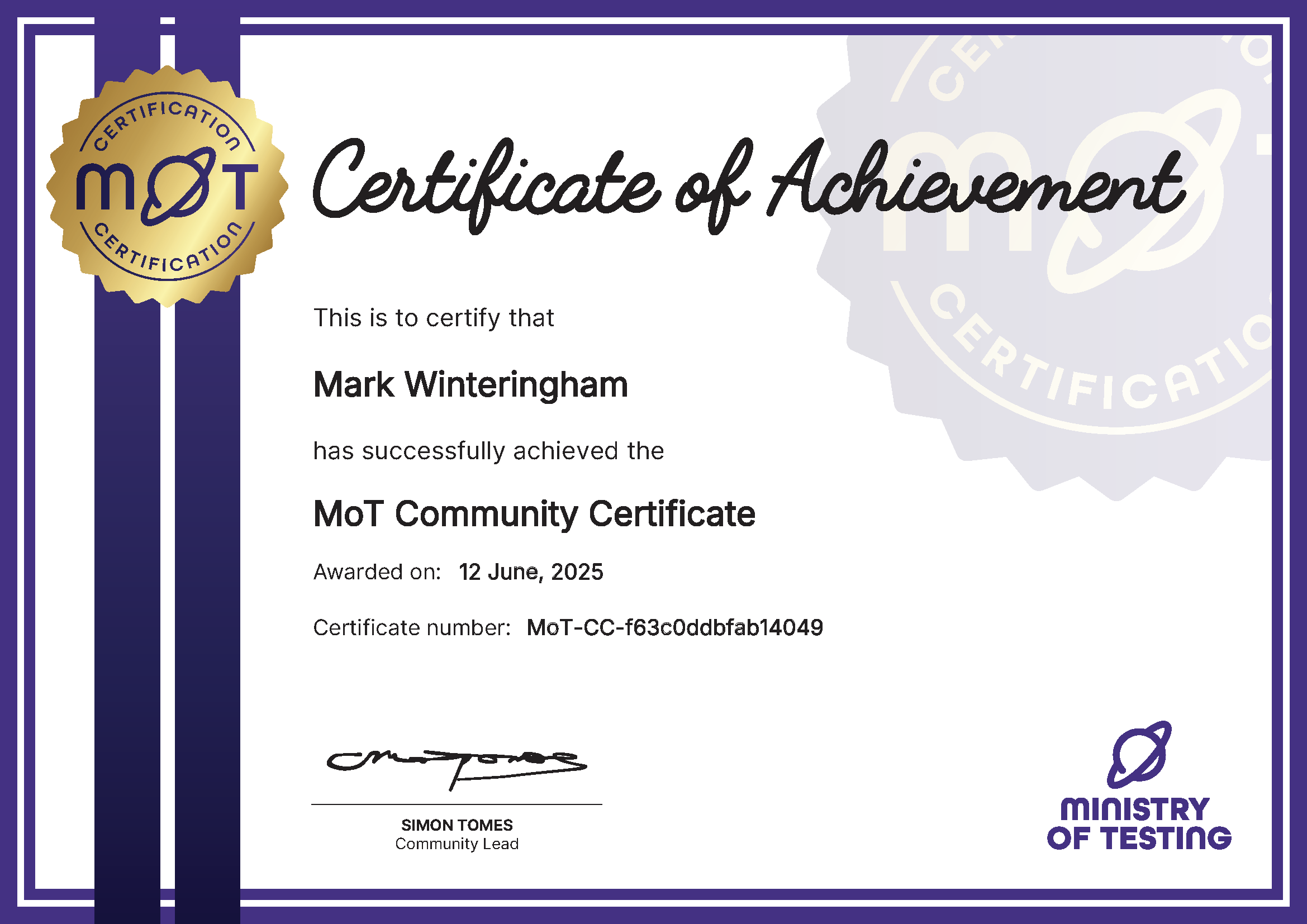 MoT Community Certificate certificate awarded to Mark Winteringham
