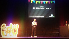 A person on stage at Test Bash 3, 2014.
Banner in the background says 99 seconds talk. image
